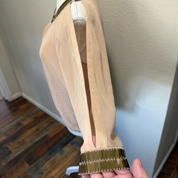 bebe Beige Blouse with Gold Metal Trim & Open Back - Size XS - Picture 4 of 16